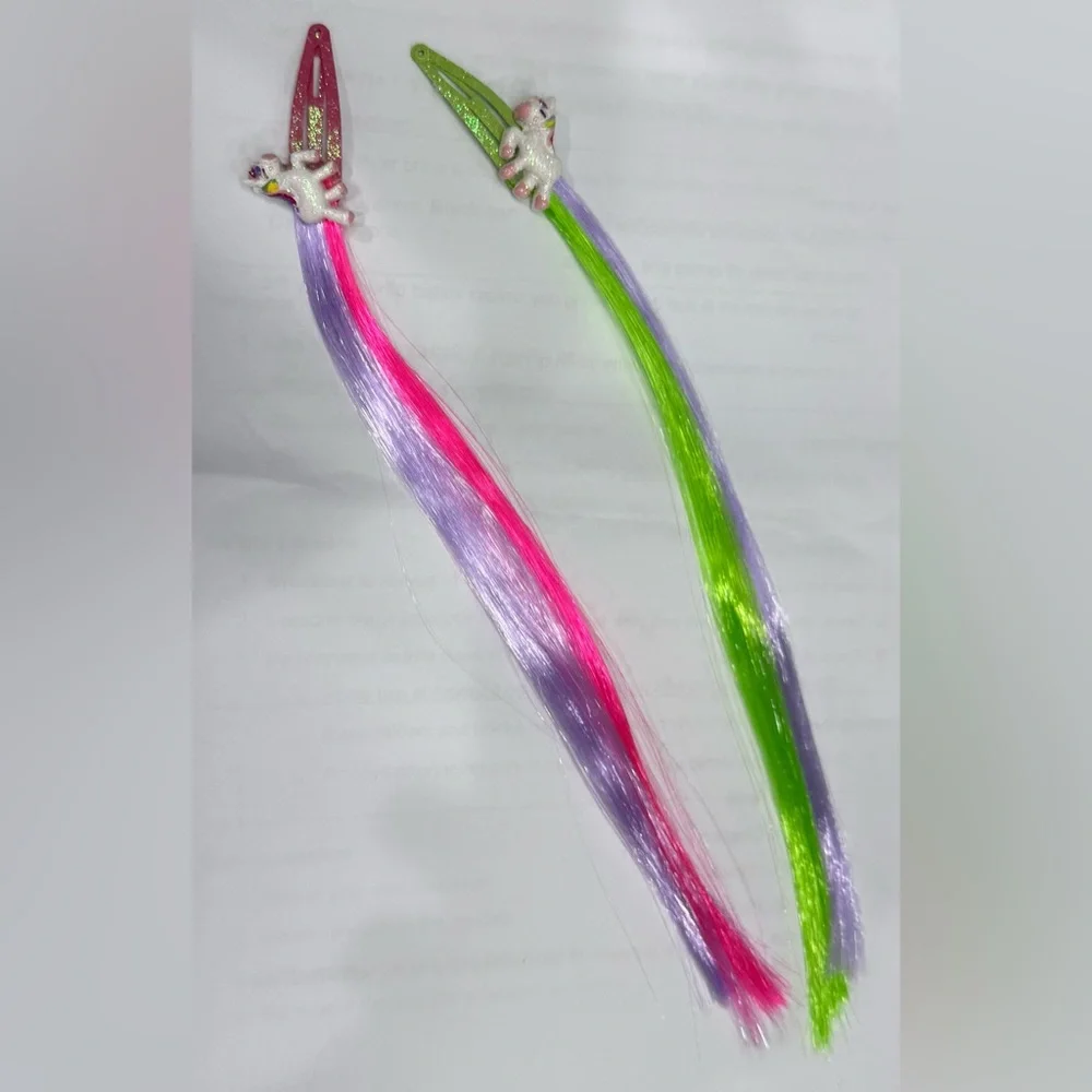 New Two Girl’s Colorful Faux Hair Extension Clips Unicorns
